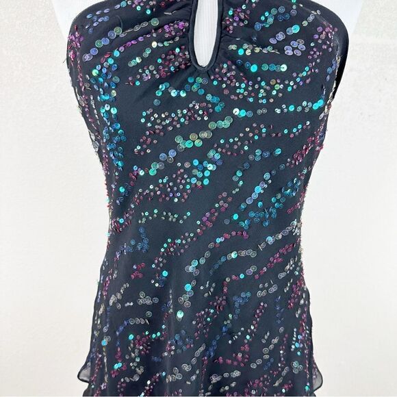 DVF Diane Von Furstenberg Black Silk Sequin Halter Disco Retro 90s Y2k Top 10 - Picture 2 of 9
